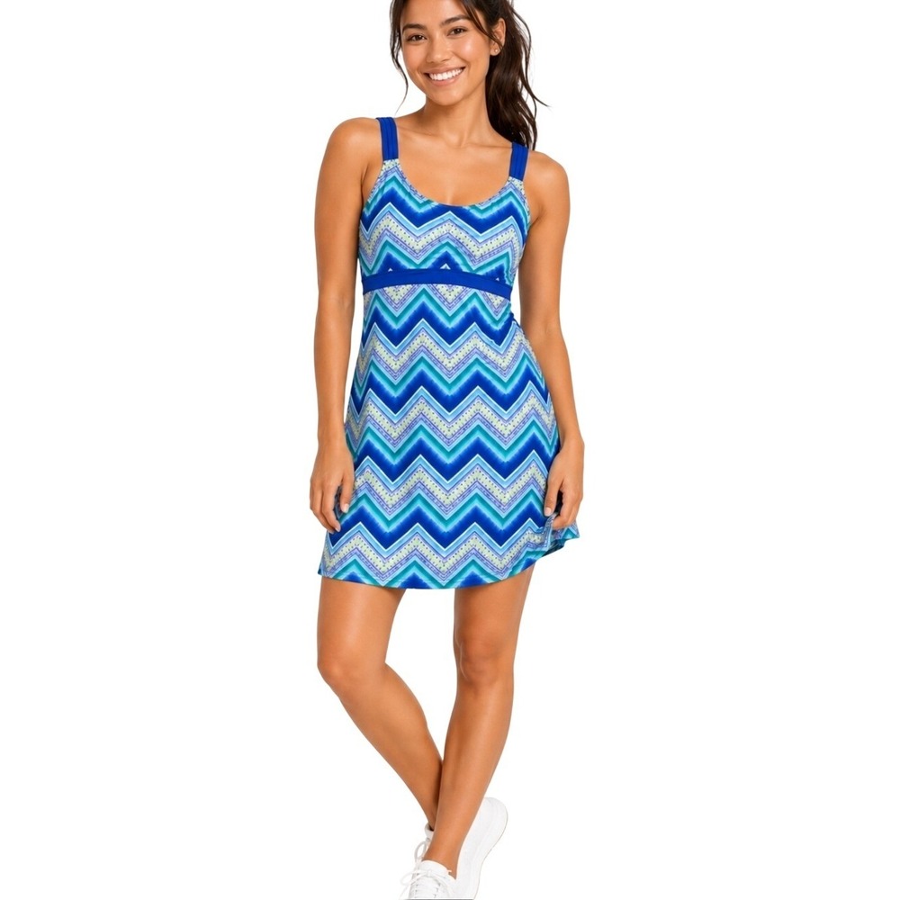 Title Nine Dress Women L Blue Chevron Print Strappy A-Line Tank Dream Mini Dress